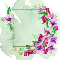 Frame orchid watercolor, flower banner, retro, paper, wooden, signboard.Orchid floral botanical flowers. Watercolor background illustration set. Frame border ornament square clipart