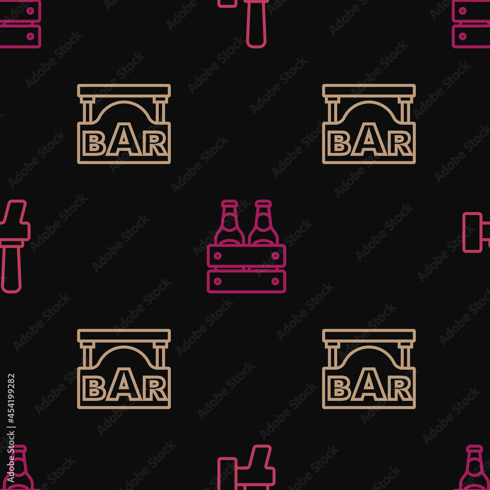 Poster Set line Beer tap, Street signboard with Bar and Pack of beer bottles on seamless pattern. Vector