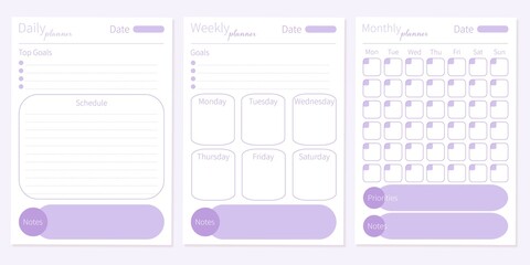 Modern collection of daily weekly monthly planner printable template with purple ellements. Collection of note paper, to do list, stickers templates. Blank white notebook page A4 - obrazy, fototapety, plakaty