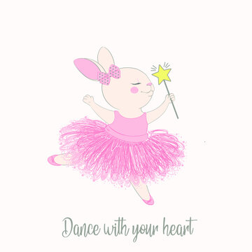 Vector fashion illustration of cute dancing bunny ballerina with beautiful pink dress, magic wand, bow, cartoon card with rabbit dressed ballet tutu, picture drawn with a tablet