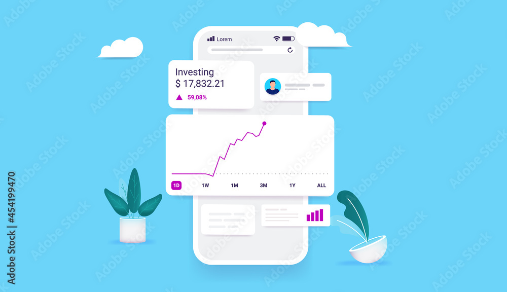 Aufkleber Investment app on smartphone screen - Profitable investment online concept with graphs and stock market data on phone screen. Vector illustration.