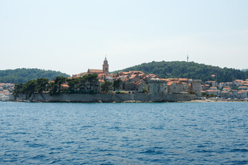 Obraz na płótnie Canvas Croatia, Korcula view from seaside to odl town and small harbor.
