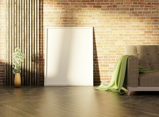 Empty frame on a floor. Morning sunlight. Brick wall and wooden floor. Couch and home plant. 3D rendering.