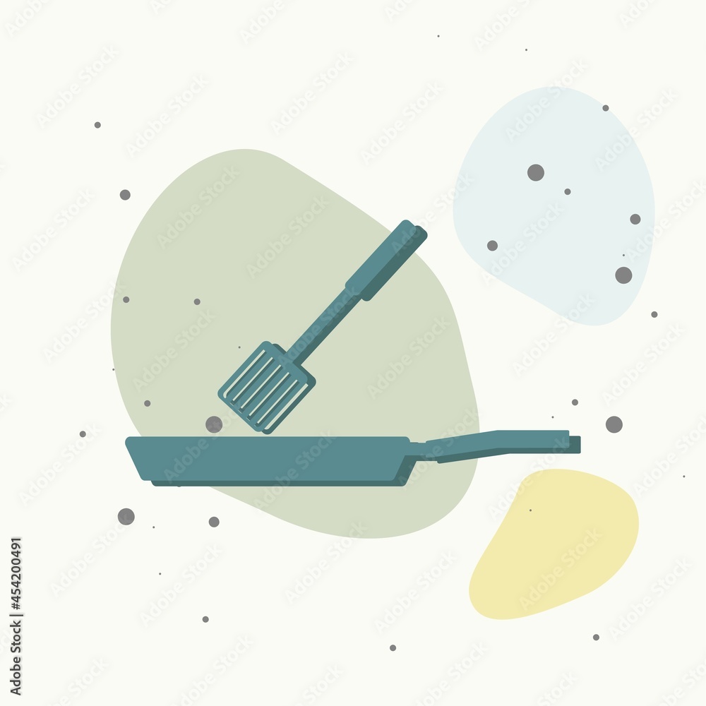 Poster vector icon of frying pan and scapula on multicolored background.