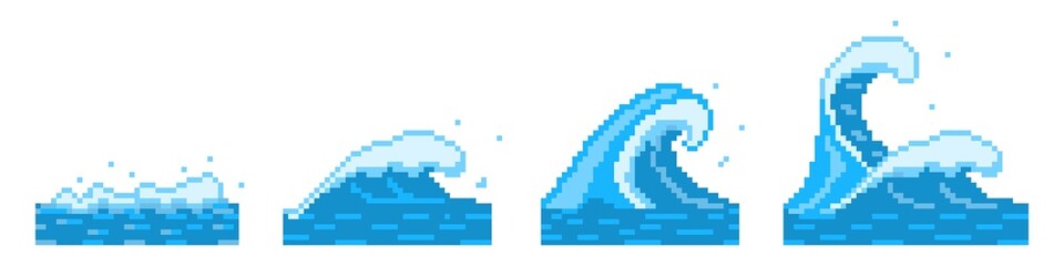 Pixelated sea and ocean waves. Blue tidal currents and powerful tsunami ridges. Stormy water shafts with process of spawning from small to waves of vector monsters