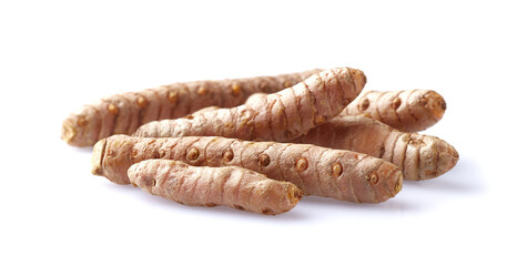 Turmeric roots on white background