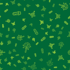 Set line Bottle with potion, Magic wand and Crossed medieval sword on seamless pattern. Vector