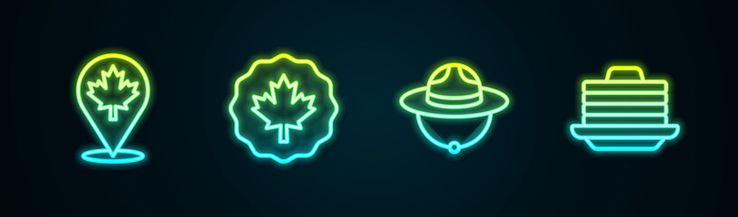 Set line Canadian maple leaf, ranger hat and Stack of pancakes. Glowing neon icon. Vector