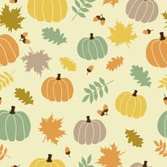 Seamless vintage autumn pattern . colored pumpkins and autumn leaves of trees on a light yellow background. vector texture. a trendy print for textiles and wallpaper.