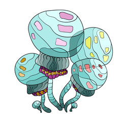 One magic mushroom fantasy in cartoon style isolated on white background. A blue mushroom on a thin stem with round caps. Vector illustration