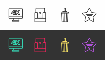 Set line Screen tv with 4k, Cinema chair, Paper glass water and Walk of fame star on black and white. Vector