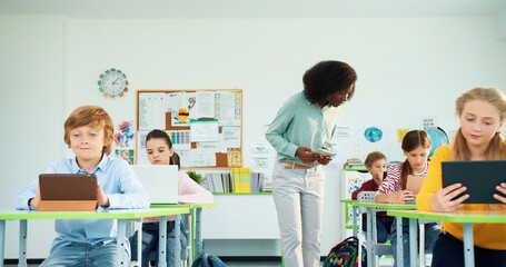 African American young pretty female teacher with gadget teaching pupils at school. Caucasian...