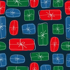 Seamless Christmas pattern . colored Christmas gifts on a dark blue background. vector texture. a trendy print for textiles, wallpaper and packaging.