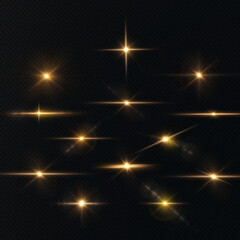 Light rays of light horizontal golden color with glare and flashes isolated . Light star gold png. Light sun gold png. Light flash gold png. vector illustrator. Powder PNG