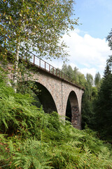 Fototapeta na wymiar old abandoned stone railway arch bridge over the river in the forest