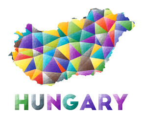 Hungary - colorful low poly country shape. Multicolor geometric triangles. Modern trendy design. Vector illustration.