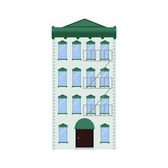 Flat vector illustration of walk-up residential apartment building, brick house. Isolated on white background.