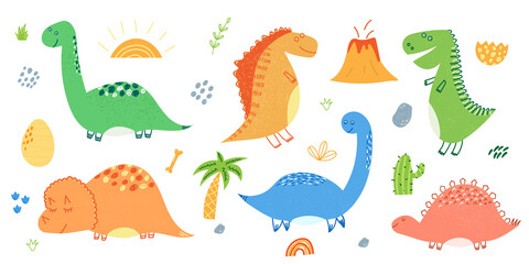 Hand drawn vector illustration of set of cute dinosaurs and elements like volcano, palm tree, stone, flowers, cactus. Isolated on white background.