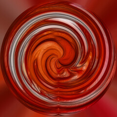 Red, round texture on a red background. 3D image of a circular vortex with white stripes.