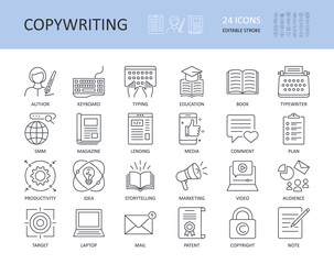 Vector copywriting icons. Editable stroke. Written by journalist computer keyboard typing book magazine publication education. Letter article SMM SEO productivity idea audience storytelling comment - 454204872