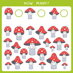 Educational math game for kids. Count how many mushroom and write the result
