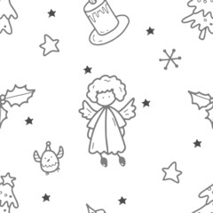 Christmas and Happy New Year seamless pattern with Christmas toys and gifts. Trendy retro style.