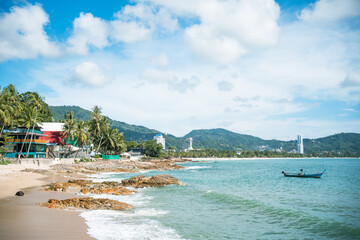 Blue sea waves and sky on sand famous beach.tourism in holiday of tropical island on summer.