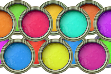 Paint cans, colorful. Top view.