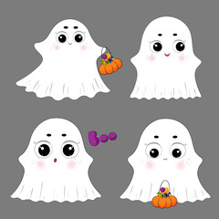 Set of Halloween ghosts. Halloween characters. Funny ghost with treat bowl. Cartoon ghosts, spooky phantoms isolated.  Candies, treats, spooky dessert. Halloween flying spirit, boo. Phantom kawaii sty