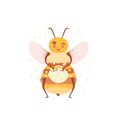 Cartoon happy honeybee with pollen in flat style. Honey bee vector personage isolated design. Child character