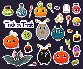 Set of cartoon Halloween stickers. Halloween characters stickers. Candies, treats many types spooky dessert. Halloween candy stickers. Candy corn, pumpkins, eyeballs. Black cat, bat, funny pumpkins.