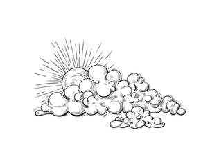 Vector engraved style clouds illustration. Hand drawn cloud, pencil sketch. Cloud weather element in line style