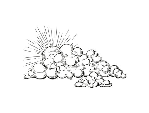 Vector engraved style clouds illustration. Hand drawn cloud, pencil sketch. Cloud weather element in line style