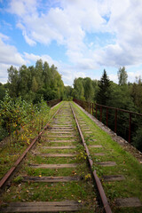 Obraz premium rusty rails of abandoned railway on the old bridge surrounded by forest