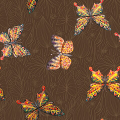 seamless pattern of beautiful butterflies illustration on brown background