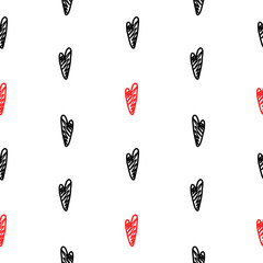 Vector pattern with black and red hearts in a handmade style on a white background. Illustration for holidays, T-shirts, gift packaging, postcards, banners