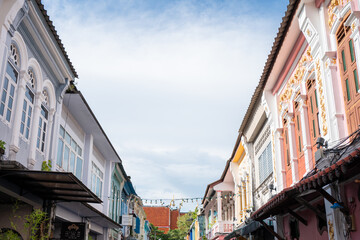 Obraz premium Travel landmark on summer trip famous location. Phuket old town Colorful buildings in Sino Portuguese style