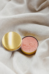 Eco friendly natural solid shampoo and hair conditioner on linen background. Concept animal fat free, zero waste.