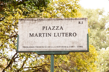 marble plate with street name piazza Mertin Lutero - engl: Martin Luter square - in Rome