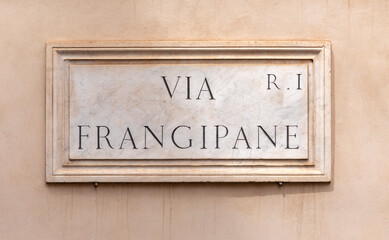 marble plate with Street name via Frangipane - engl: almond paste street -  at the wall in Rome