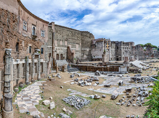 panoramic view at via dei Fori imperati with the antique rome with forum of Augustus