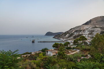 Lipari island (Aeolian archipelago), Messina, Sicily, Italy, 08.11.2021: view of Porticello beach in the old pumice stone quarry.