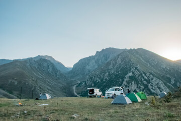 camping in the morning in mountains