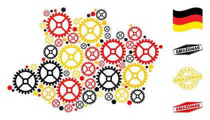 Workshop Amazonas State map collage and seals. Vector collage is composed with cog elements in different sizes, and Germany flag official colors - red, yellow, black.