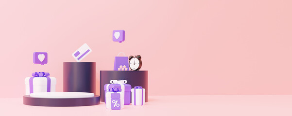 Online shop. Podium with gifts. The concept of sales for the placement of any items. In purple and pink colors. 3d rendeign