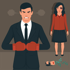 Domestic violence. Angry father, sad boy. Bullying and abusing behavior