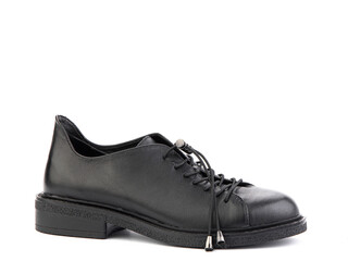 A pair of classic leather elegant men's shoes isolated white background. Groom's stylish black shoes. Isolated object close up on white background. Right side view.