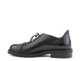 A pair of classic leather elegant men's shoes isolated white background. Groom's stylish black shoes. Isolated object close up on white background. Left side view.