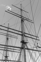black and white photo of the ship rigging