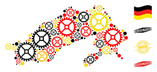 Workshop Arunachal Pradesh State map collage and stamps. Vector collage is formed of workshop elements in different sizes, and Germany flag official colors - red, yellow, black.
